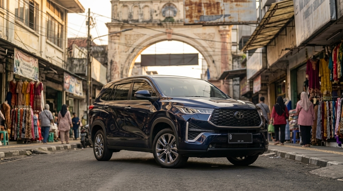 Mobil rental terparkir di depan Pasar Baru dengan latar gapura pasar bersejarah