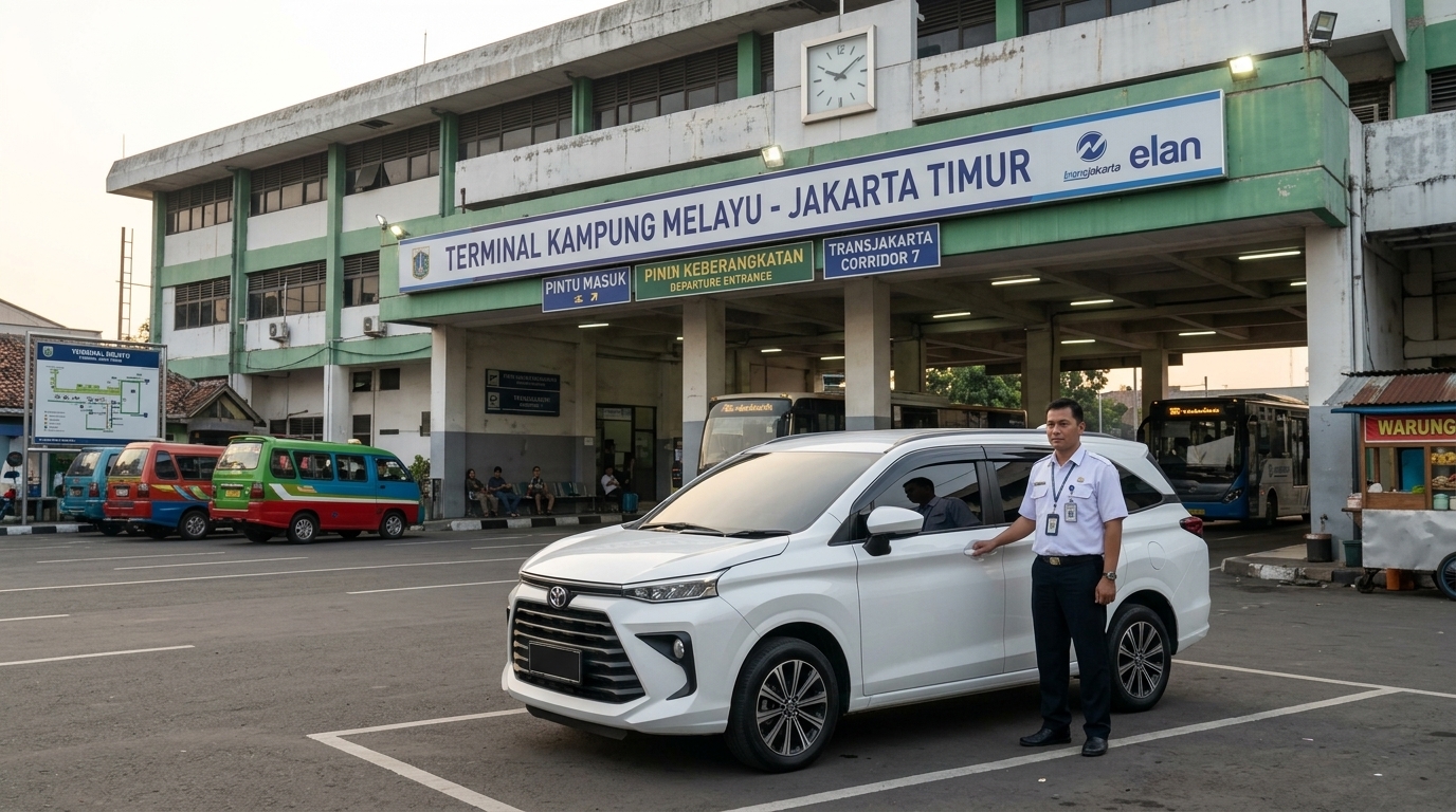 Rental mobil Kampung Melayu dengan sopir di depan Terminal Kampung Melayu