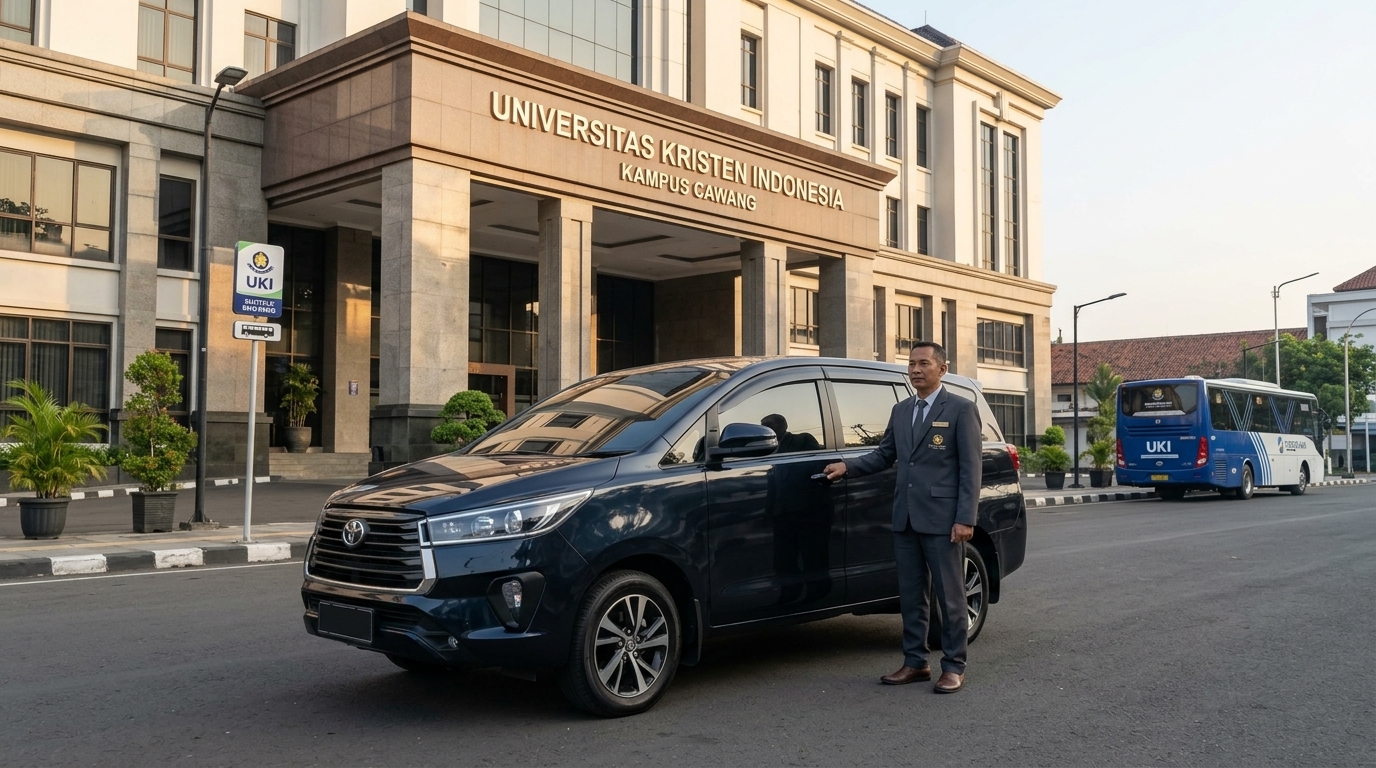 rental mobil Cawang dengan sopir profesional di depan UKI