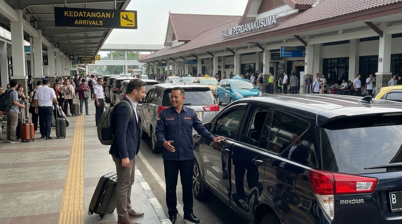 rental mobil Halim Perdana Kusuma dengan sopir di area kedatangan bandara